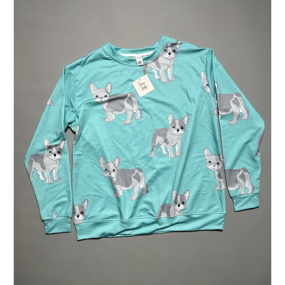 Pixie Lady Women's M Turquoise Long Sleeve Crew Neck French Bulldog Print